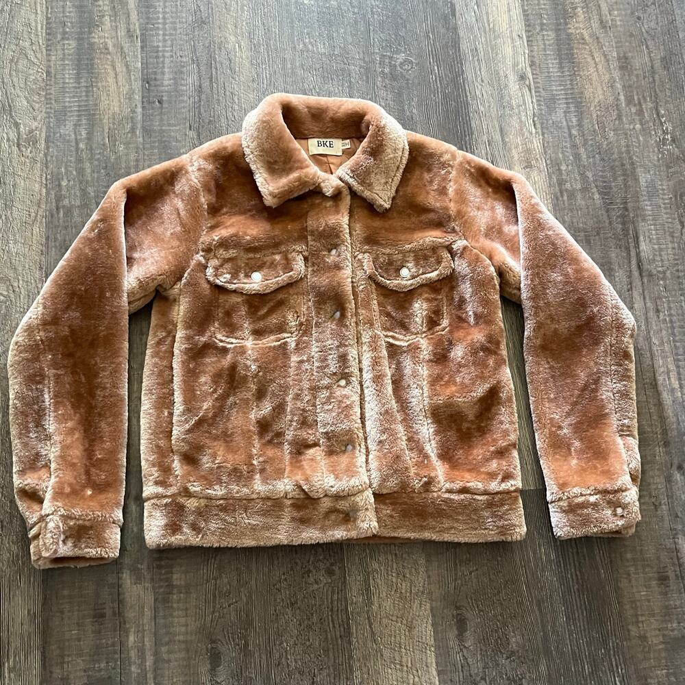 BKE Women's XS Brown Faux Fur Jacket Button Front Fully Lined